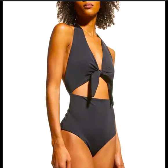 Mara Hoffman Maddy Black Halter Tie-Front High Waist One Piece Swimsuit - Picture 1 of 3